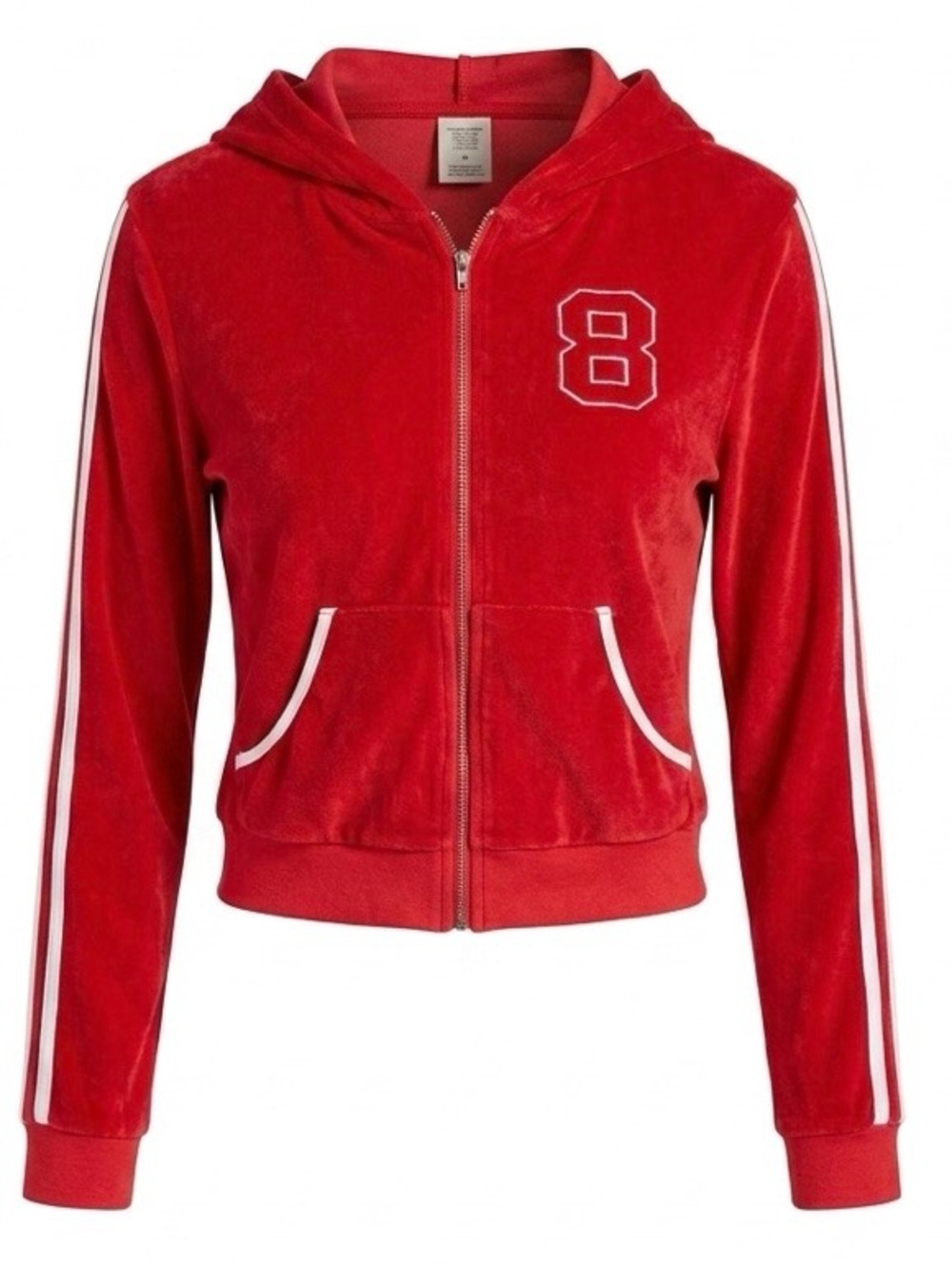 Women's Red Velour Hooded Varsity Jacket with Stripe Detail